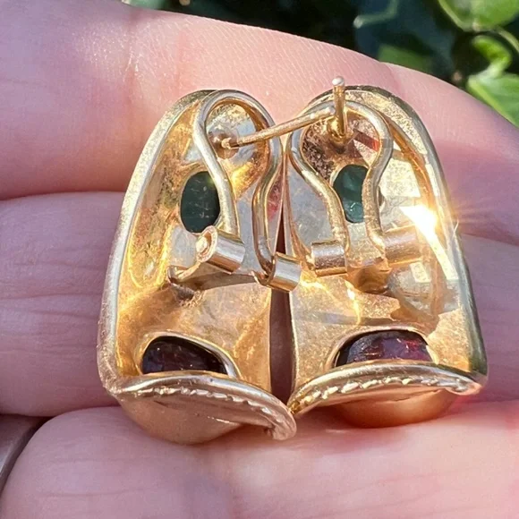 VINTAGE 14K GOLD CABOCHON GARNET GREEN CHRYSOPRASE EARRINGS STATEMENT CUSTOM - Picture 3 of 16